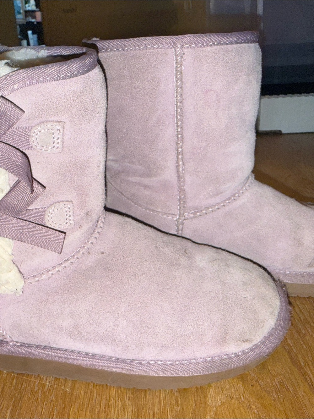 UGG Pink Suede Short Kids Boots with Ribbon